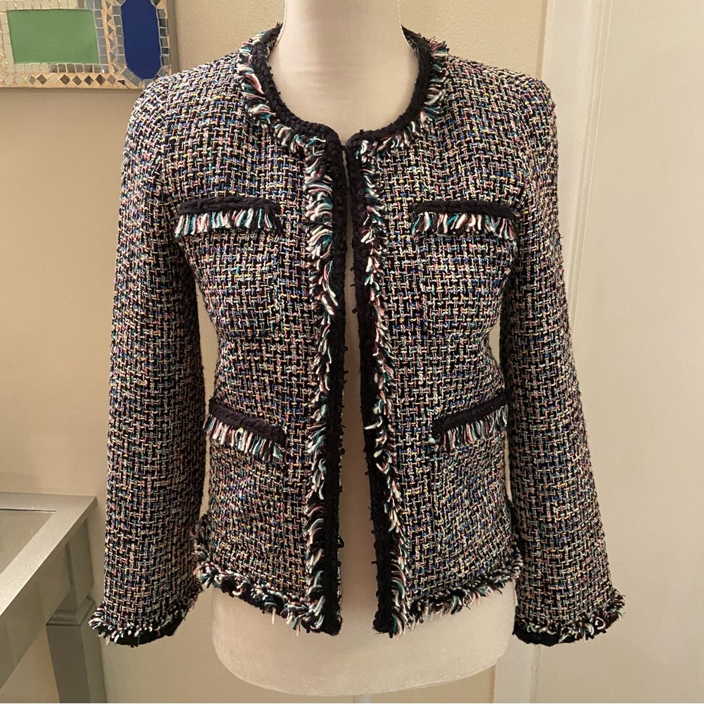 ✨J. Crew Lady Metallic Tweed with Rainbow Multi Fringe 3/4 Sleeve Blazer Jacket